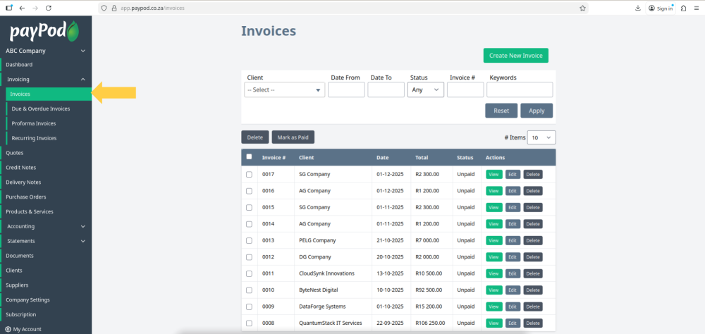 Creating an invoice in payPod
