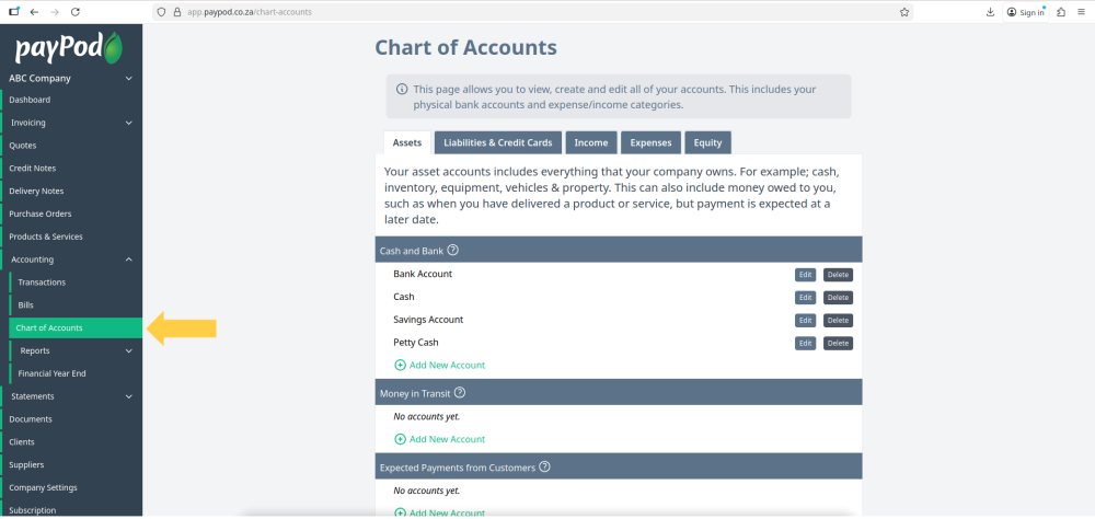 Chart of Accounts in payPod