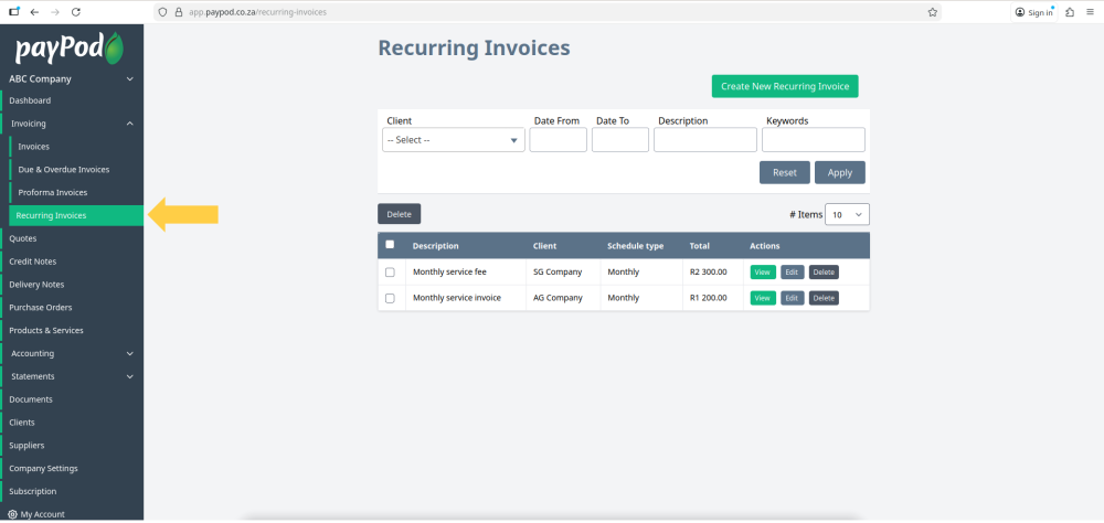 Recurring Invoices in payPod
