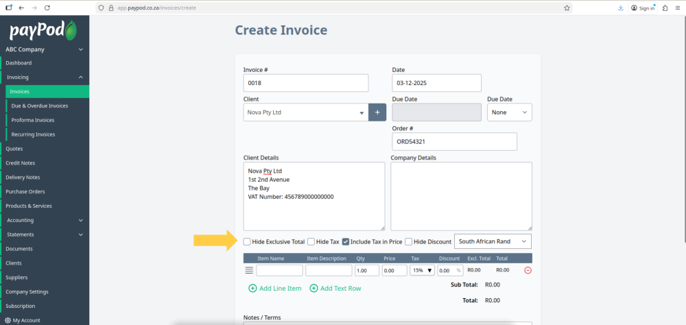 Creating an invoice in payPod