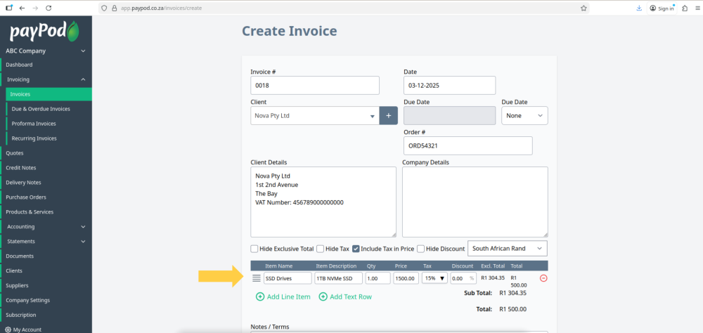 Creating an invoice in payPod