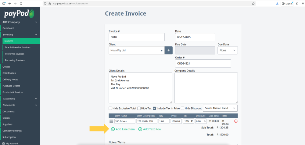 Creating an invoice in payPod