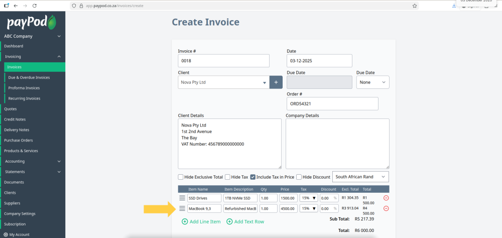 Creating an invoice in payPod
