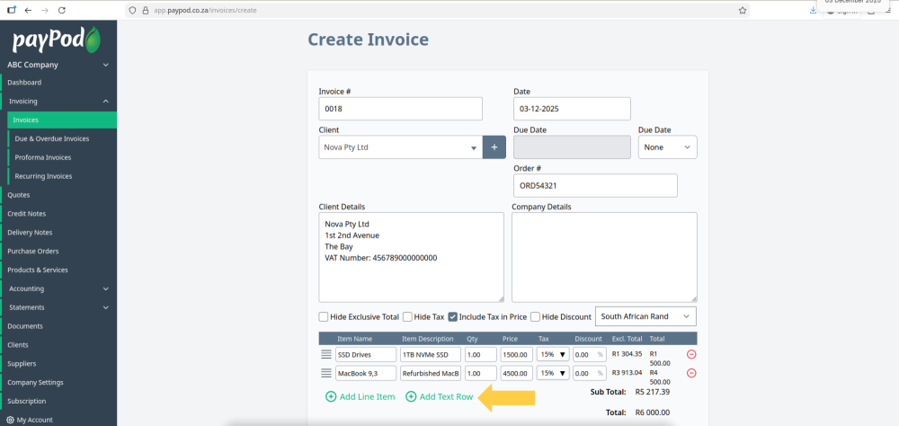 Creating an invoice in payPod