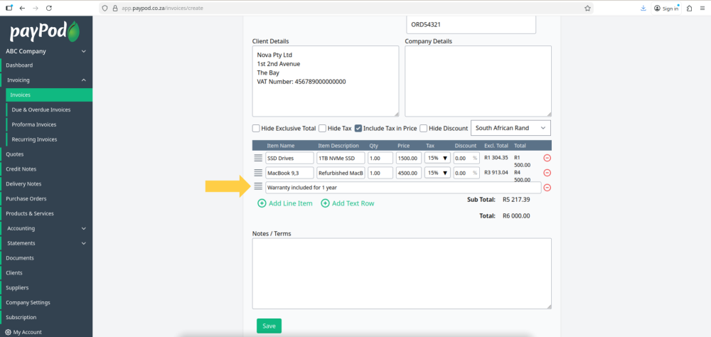 Creating an invoice in payPod