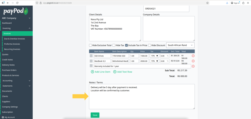 Creating an invoice in payPod