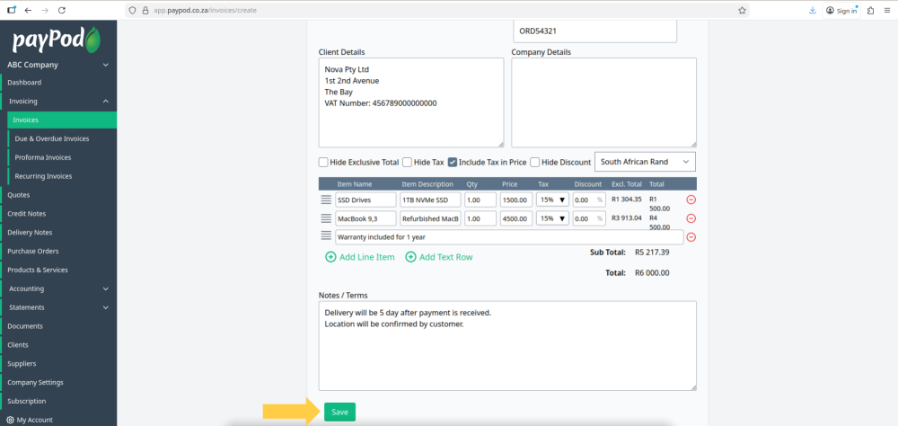 Creating an invoice in payPod
