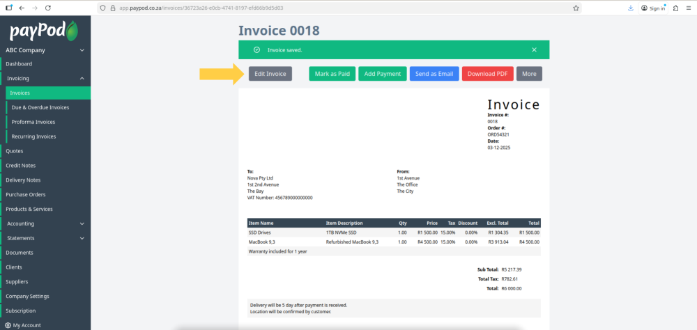 Creating an invoice in payPod