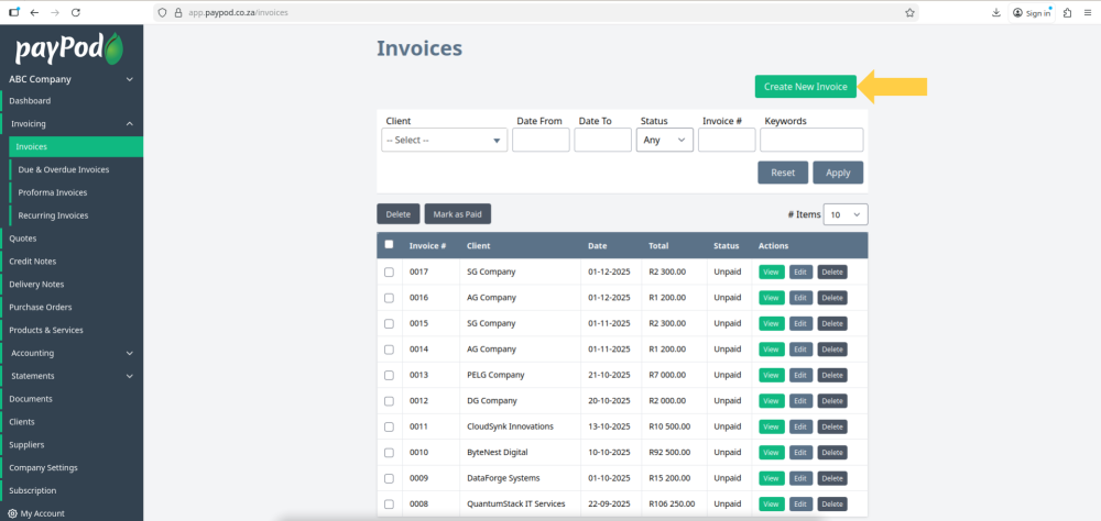 Creating an invoice in payPod