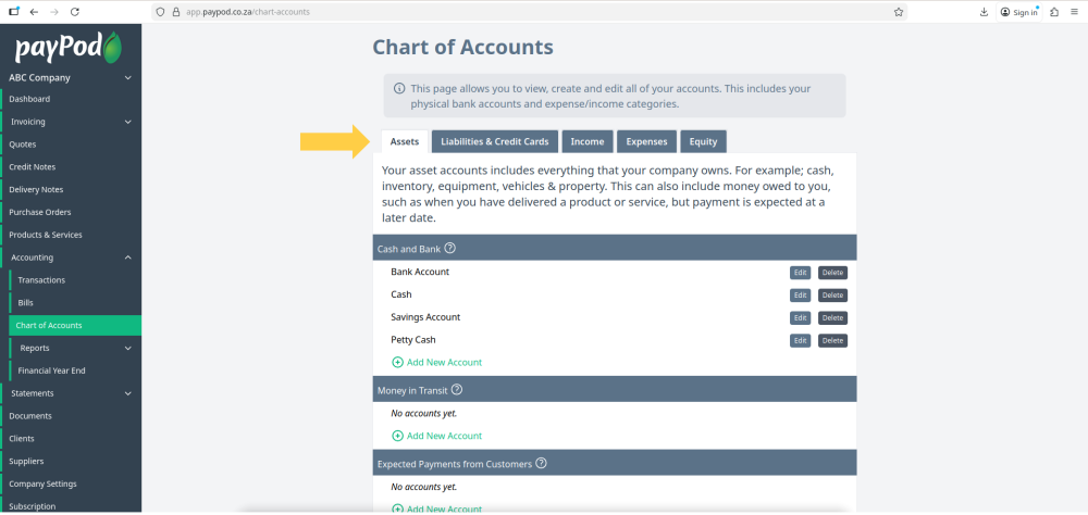 Chart of Accounts in payPod