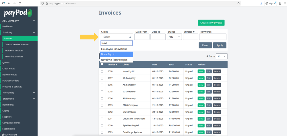 Creating an invoice in payPod