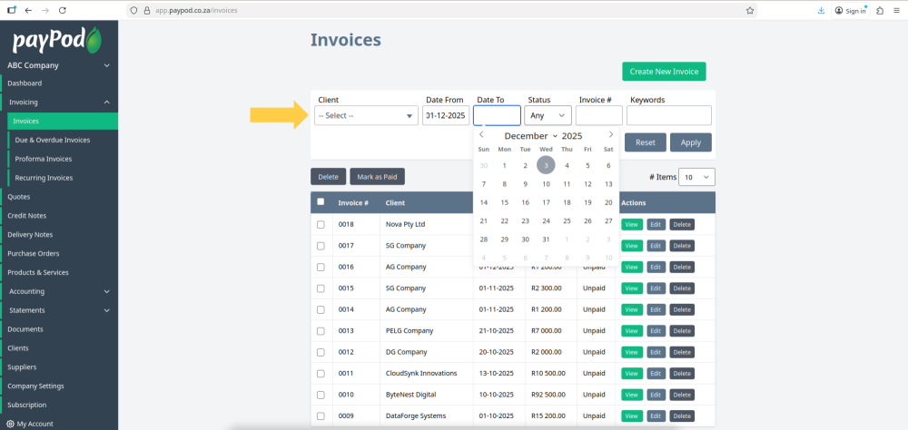 Creating an invoice in payPod