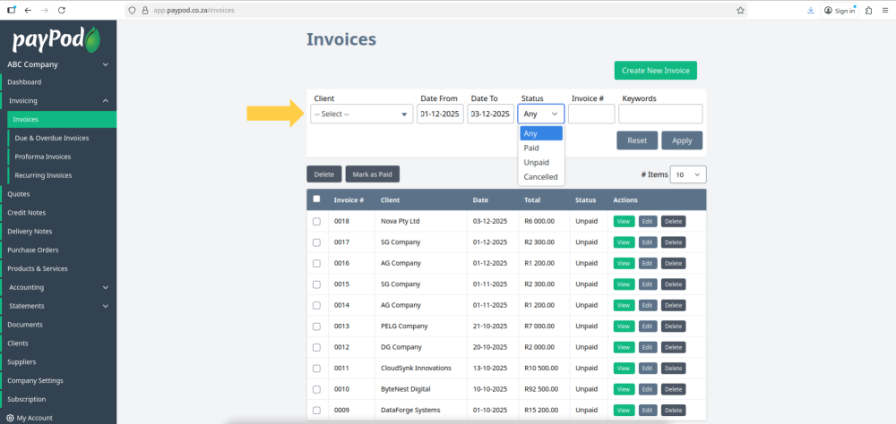 Creating an invoice in payPod
