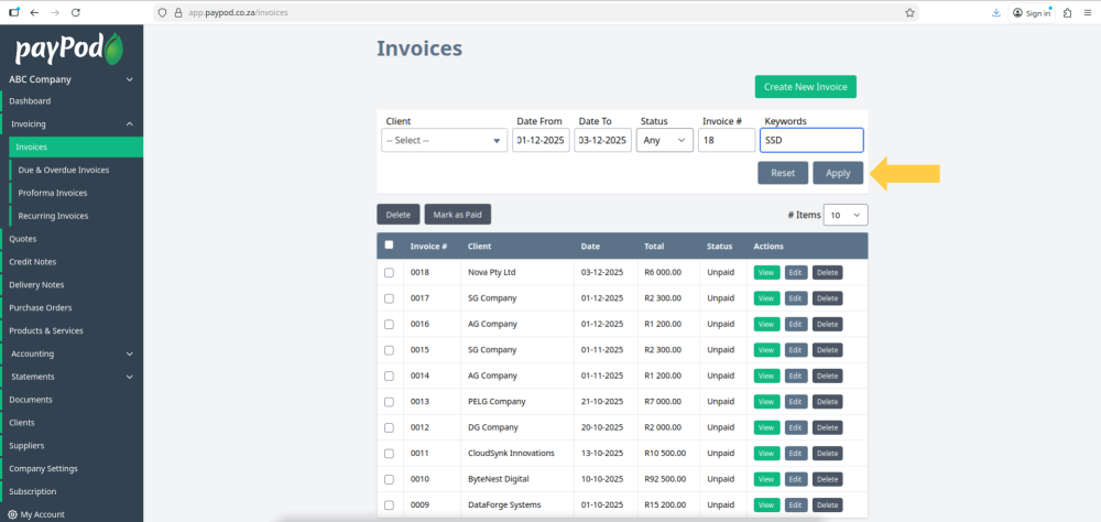 Creating an invoice in payPod