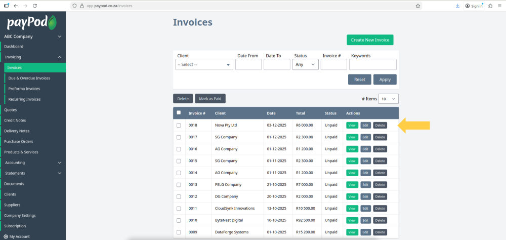 Creating an invoice in payPod