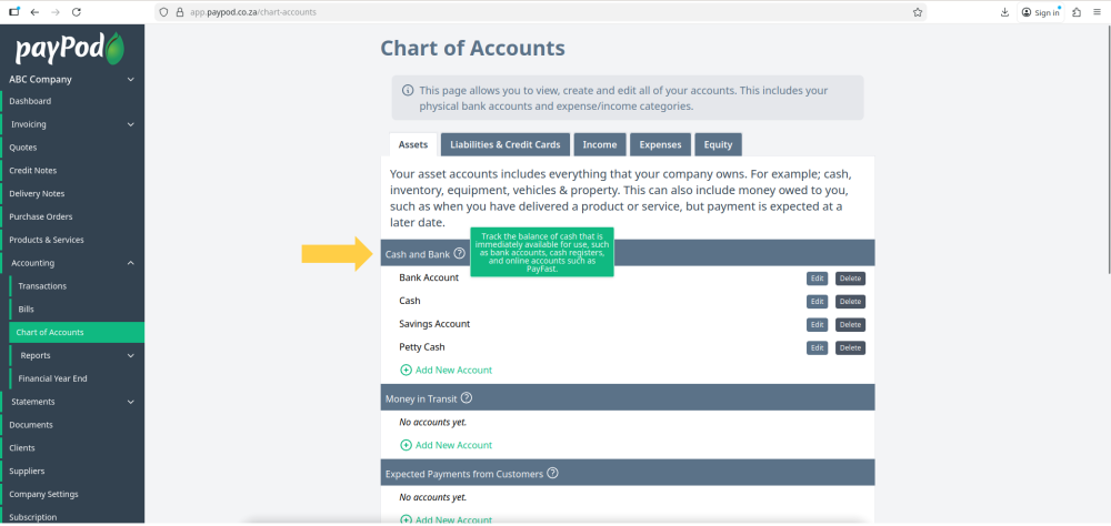 Chart of Accounts in payPod