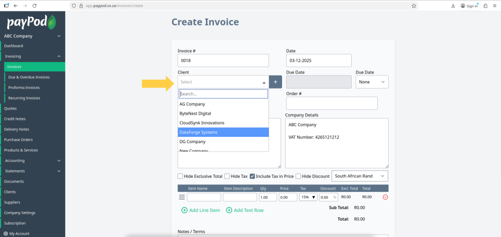 Creating an invoice in payPod
