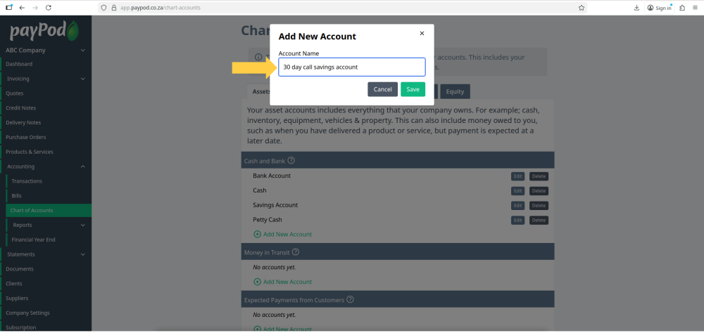 Chart of Accounts in payPod