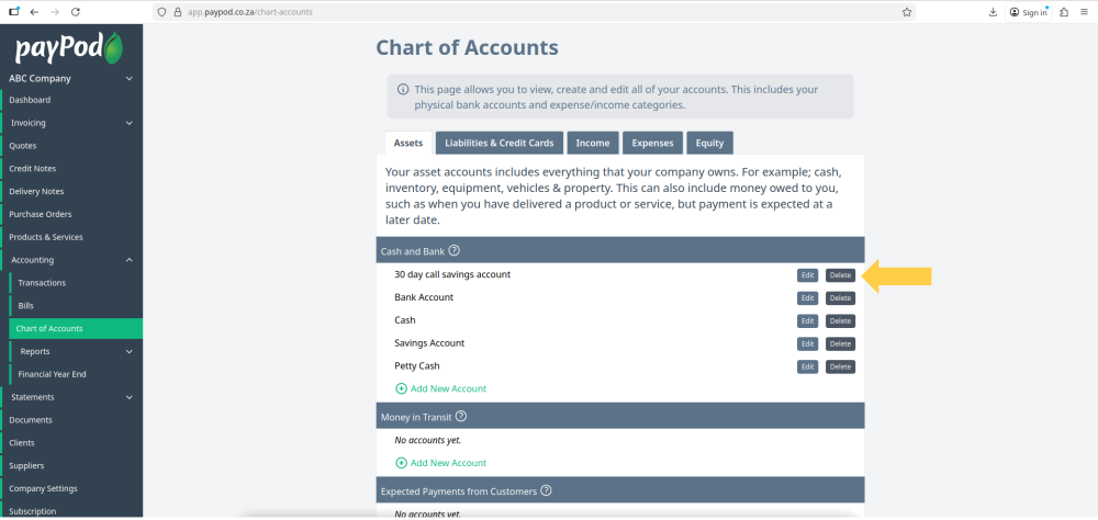 Chart of Accounts in payPod