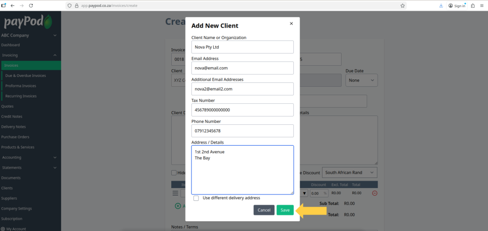 Creating an invoice in payPod