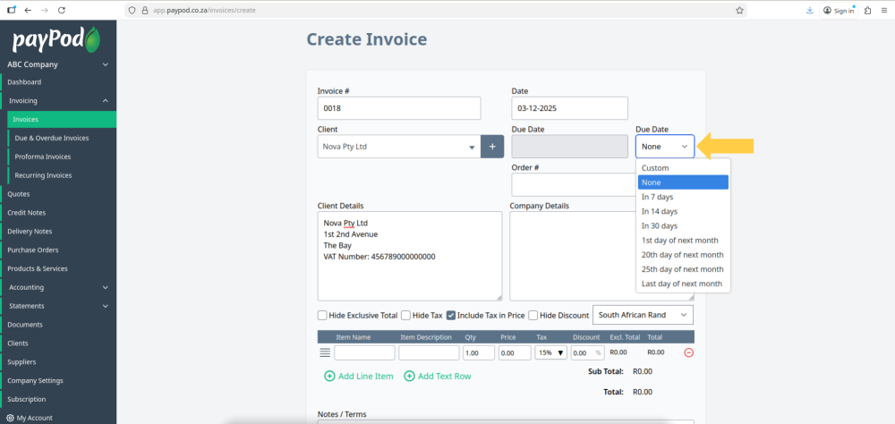 Creating an invoice in payPod