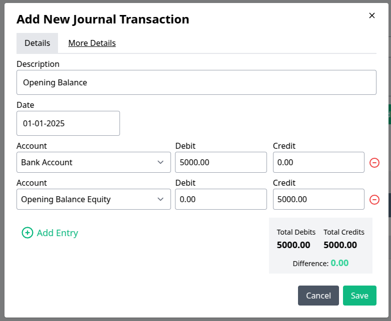 Opening balance journal entry