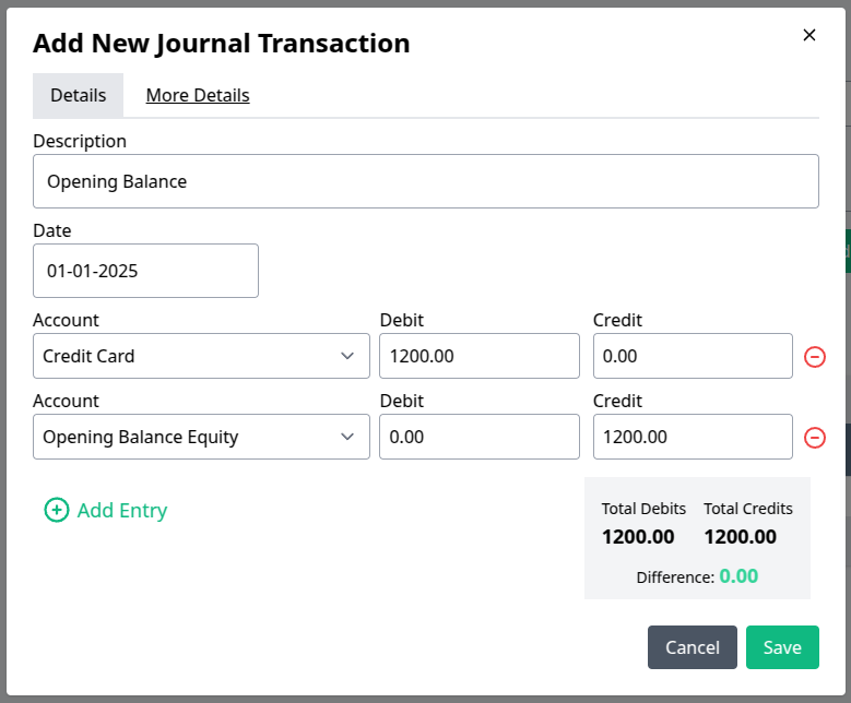 Opening Credit Account journal entry