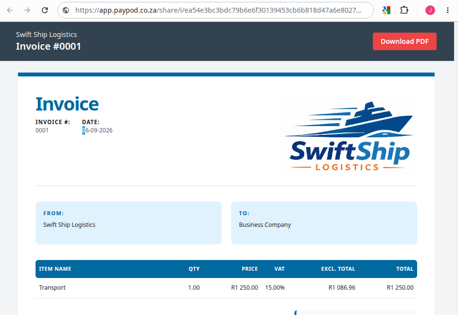 Preview of invoice link