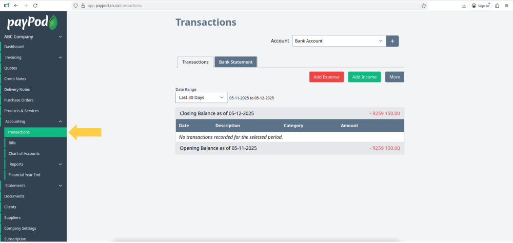 The Accounting Transactions Page