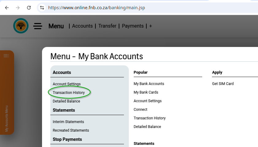 Navigate to transaciton history